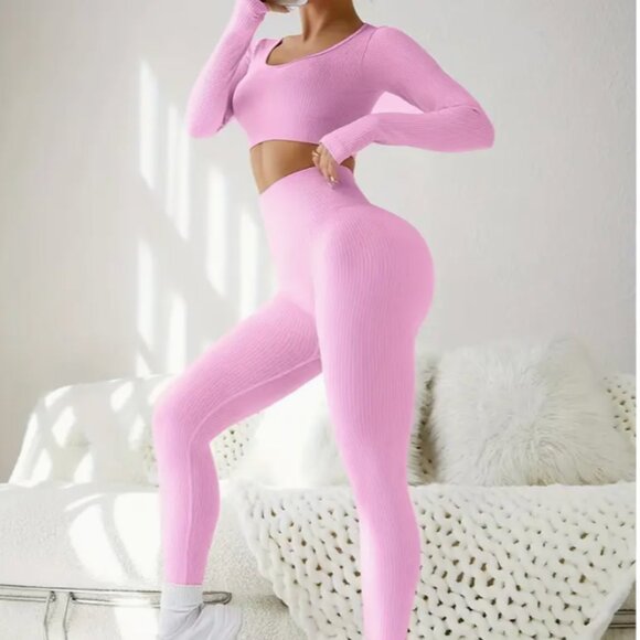 Callie Lives Soft Pink Ribbed Cropped High Waist Activewear Butt Lift Gym Set L